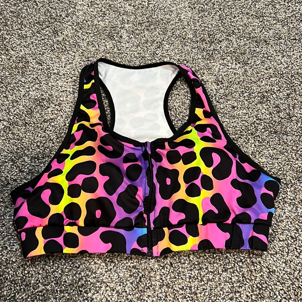 Shein Curve rainbow cheetah print sports bra, lined